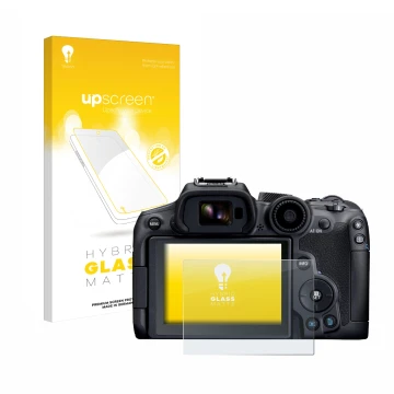 Parte frontal de un envase de producto con el logotipo de la marca upscreen. Al lado se muestra el dispositivo Canon EOS R7 co