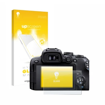 Parte frontal de un envase de producto con el logotipo de la marca upscreen. Al lado se muestra el dispositivo Canon EOS R10 c