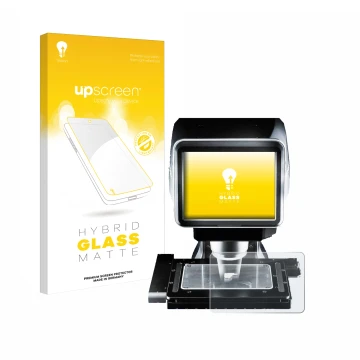 Parte frontal de un envase de producto con el logotipo de la marca upscreen. Al lado se muestra el dispositivo Keyence LM-1100