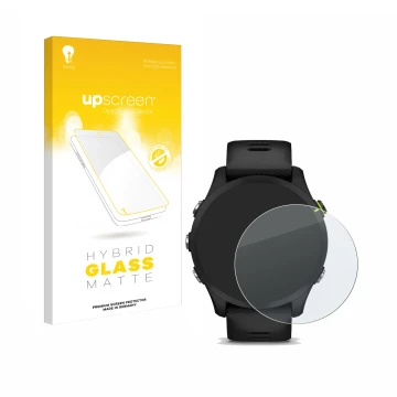 Parte frontal de un envase de producto con el logotipo de la marca upscreen. Al lado se muestra el dispositivo Garmin Forerunn