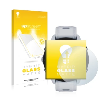 Parte frontal de un envase de producto con el logotipo de la marca upscreen. Al lado se muestra el dispositivo Garmin Forerunn