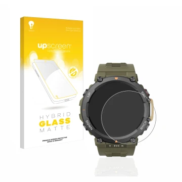 Parte frontal de un envase de producto con el logotipo de la marca upscreen. Al lado se muestra el dispositivo Huami Amazfit T