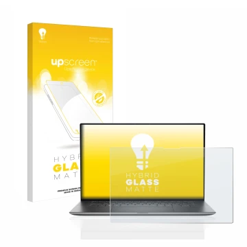 Parte frontal de un envase de producto con el logotipo de la marca upscreen. Al lado se muestra el dispositivo Dell Precision 