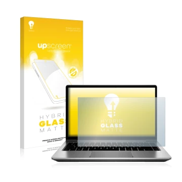 Parte frontal de un envase de producto con el logotipo de la marca upscreen. Al lado se muestra el dispositivo HP ProBook 640 