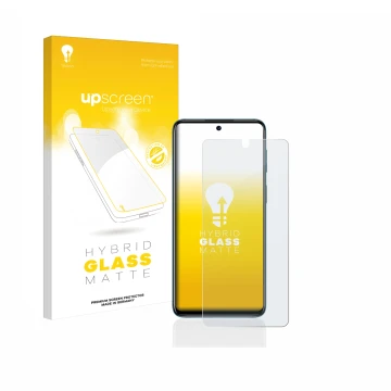 Parte frontal de un envase de producto con el logotipo de la marca upscreen. Al lado se muestra el dispositivo Motorola Moto G