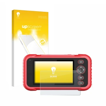 Parte frontal de un envase de producto con el logotipo de la marca upscreen. Al lado se muestra el dispositivo Launch CRP 123 