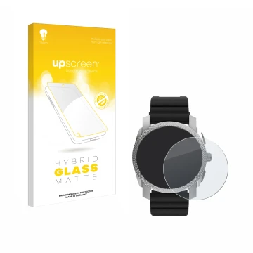 Parte frontal de un envase de producto con el logotipo de la marca upscreen. Al lado se muestra el dispositivo Fossil Gen 6 Hy