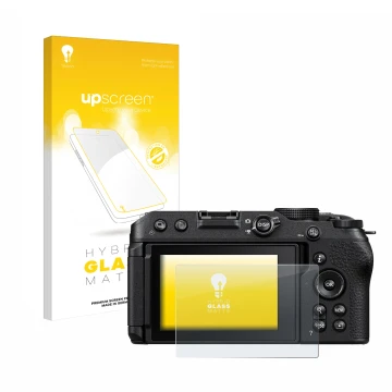 Parte frontal de un envase de producto con el logotipo de la marca upscreen. Al lado se muestra el dispositivo Nikon Z 30 con 