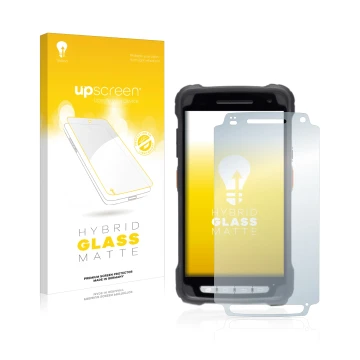 Parte frontal de un envase de producto con el logotipo de la marca upscreen. Al lado se muestra el dispositivo Janam XT3 con s