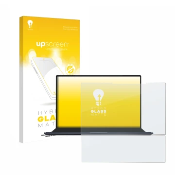 Parte frontal de un envase de producto con el logotipo de la marca upscreen. Al lado se muestra el dispositivo ASUS ZenBook Pr