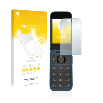 Parte frontal de un envase de producto con el logotipo de la marca upscreen. Al lado se muestra el dispositivo Nokia 2660 Flip