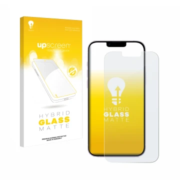 Parte frontal de un envase de producto con el logotipo de la marca upscreen. Al lado se muestra el dispositivo Apple iPhone 14