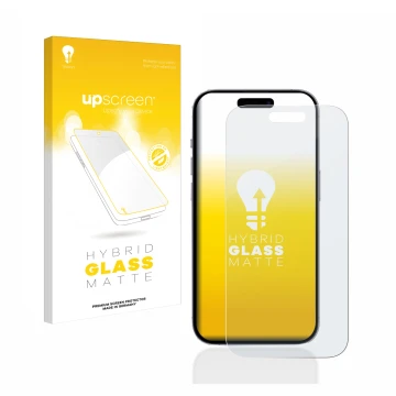 Parte frontal de un envase de producto con el logotipo de la marca upscreen. Al lado se muestra el dispositivo Apple iPhone 14