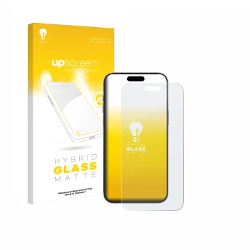 Parte frontal de un envase de producto con el logotipo de la marca upscreen. Al lado se muestra el dispositivo Apple iPhone 14