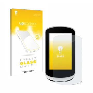 Parte frontal de un envase de producto con el logotipo de la marca upscreen. Al lado se muestra el dispositivo Garmin Edge Exp