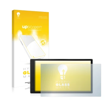 Parte frontal de un envase de producto con el logotipo de la marca upscreen. Al lado se muestra el dispositivo Garmin DriveSma