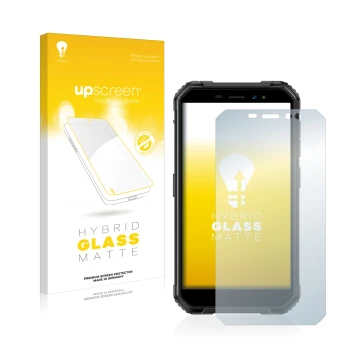 Parte frontal de un envase de producto con el logotipo de la marca upscreen. Al lado se muestra el dispositivo Ulefone Armor X