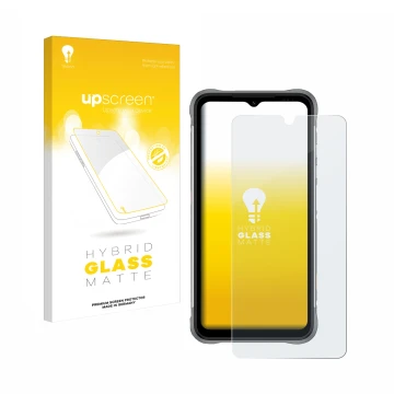 Parte frontal de un envase de producto con el logotipo de la marca upscreen. Al lado se muestra el dispositivo Umidigi Bison X