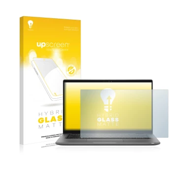 Parte frontal de un envase de producto con el logotipo de la marca upscreen. Al lado se muestra el dispositivo Dell Latitude 1