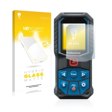 Parte frontal de un envase de producto con el logotipo de la marca upscreen. Al lado se muestra el dispositivo Bosch GLM 50-27