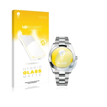 Parte frontal de un envase de producto con el logotipo de la marca upscreen. Al lado se muestra el dispositivo Rolex Datejust 