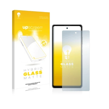 Parte frontal de un envase de producto con el logotipo de la marca upscreen. Al lado se muestra el dispositivo Blackview A100 