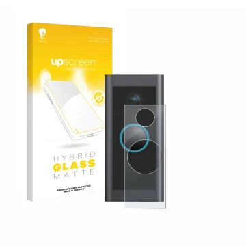 Parte frontal de un envase de producto con el logotipo de la marca upscreen. Al lado se muestra el dispositivo Ring Video Door