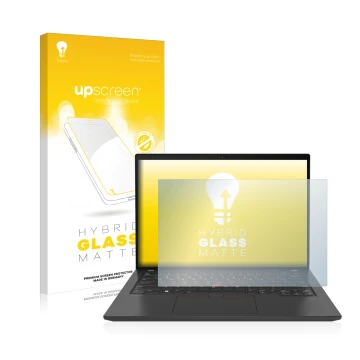 Parte frontal de un envase de producto con el logotipo de la marca upscreen. Al lado se muestra el dispositivo Lenovo ThinkPad