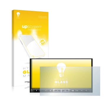 Parte frontal de un envase de producto con el logotipo de la marca upscreen. Al lado se muestra el dispositivo Alpine iLX-705D