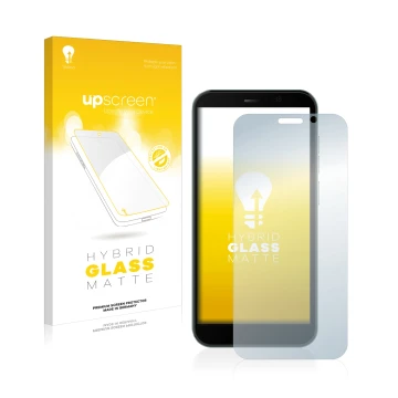 Parte frontal de un envase de producto con el logotipo de la marca upscreen. Al lado se muestra el dispositivo Doogee X97 Pro 