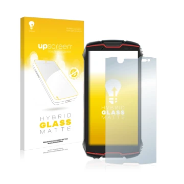 Parte frontal de un envase de producto con el logotipo de la marca upscreen. Al lado se muestra el dispositivo Cubot King Kong