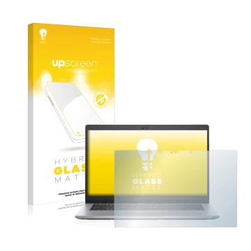 Parte frontal de un envase de producto con el logotipo de la marca upscreen. Al lado se muestra el dispositivo Dell Latitude 5