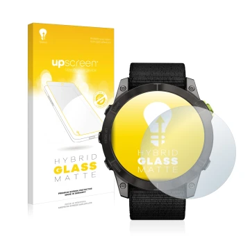 Parte frontal de un envase de producto con el logotipo de la marca upscreen. Al lado se muestra el dispositivo Garmin Enduro 2