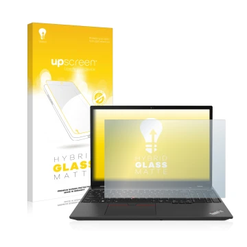 Parte frontal de un envase de producto con el logotipo de la marca upscreen. Al lado se muestra el dispositivo Lenovo ThinkPad