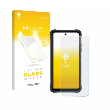 Parte frontal de un envase de producto con el logotipo de la marca upscreen. Al lado se muestra el dispositivo Umidigi Bison 2