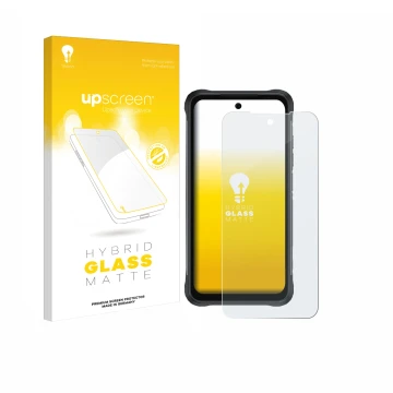 Parte frontal de un envase de producto con el logotipo de la marca upscreen. Al lado se muestra el dispositivo Umidigi Bison 2