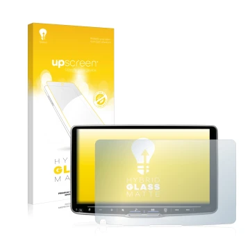 Parte frontal de un envase de producto con el logotipo de la marca upscreen. Al lado se muestra el dispositivo Alpine iLX-F905