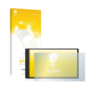 Parte frontal de un envase de producto con el logotipo de la marca upscreen. Al lado se muestra el dispositivo Garmin Camper 7