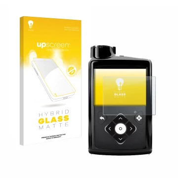 Parte frontal de un envase de producto con el logotipo de la marca upscreen. Al lado se muestra el dispositivo Medtronic Minim