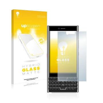 Parte frontal de un envase de producto con el logotipo de la marca upscreen. Al lado se muestra el dispositivo Unihertz Titan 