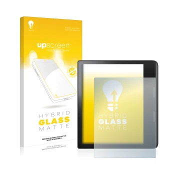 Parte frontal de un envase de producto con el logotipo de la marca upscreen. Al lado se muestra el dispositivo Tolino Epos 3 c