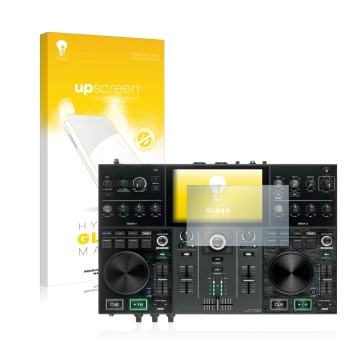 Parte frontal de un envase de producto con el logotipo de la marca upscreen. Al lado se muestra el dispositivo Denon DJ Prime 