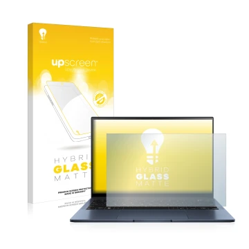 Parte frontal de un envase de producto con el logotipo de la marca upscreen. Al lado se muestra el dispositivo ASUS ZenBook S1