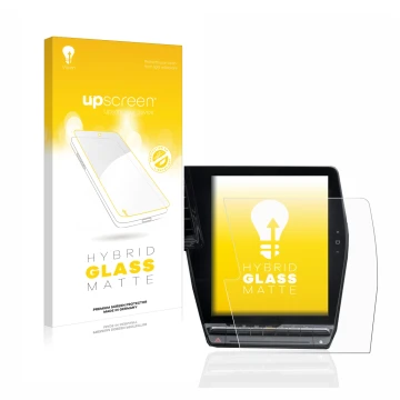 Parte frontal de un envase de producto con el logotipo de la marca upscreen. Al lado se muestra el dispositivo Renault Megane 