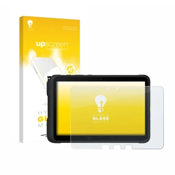 Parte frontal de un envase de producto con el logotipo de la marca upscreen. Al lado se muestra el dispositivo Samsung Galaxy 