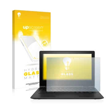 Parte frontal de un envase de producto con el logotipo de la marca upscreen. Al lado se muestra el dispositivo HP Chromebook x