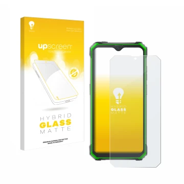 Parte frontal de un envase de producto con el logotipo de la marca upscreen. Al lado se muestra el dispositivo Blackview BV710