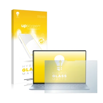 Parte frontal de un envase de producto con el logotipo de la marca upscreen. Al lado se muestra el dispositivo Dell XPS 13 931