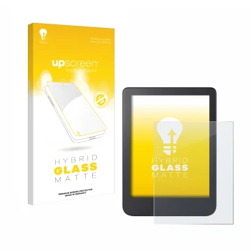 Parte frontal de un envase de producto con el logotipo de la marca upscreen. Al lado se muestra el dispositivo Kobo Clara 2E c