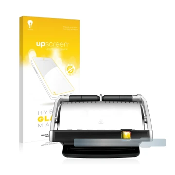 Parte frontal de un envase de producto con el logotipo de la marca upscreen. Al lado se muestra el dispositivo Tefal OptiGrill